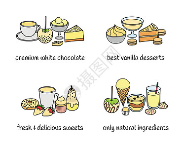 不同组的甜点和甜食食物家庭饮料草图糕点早餐店铺蛋糕菜单团体背景图片