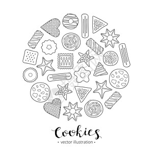 手画饼干在圆圈中小吃时间蛋糕早餐涂鸦食物茶点美食糖果沙漠图片