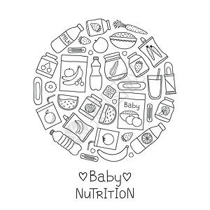 圆圈里有面条的婴儿食物蔬菜营养午餐孩子盒子果汁水果稀饭南瓜涂鸦图片