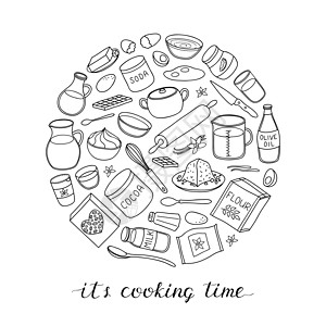 手画烹饪 烤料在圆圈里立方体烘烤勺子泡沫滚动面粉牛奶食谱食物香草图片