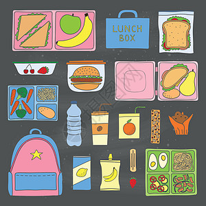 一套手工画的便当盒面包午餐时间办公室饭盒盒子孩子面条手绘孩子们图片