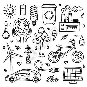 一套涂鸦生态和环境图标涡轮电池卡通片世界工厂太阳汽车手绘力量草图图片