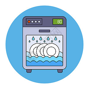 洗水台洗碗机用水洗盘子机器清洁工菜肴卫生洗涤垫圈插图用具清洗机房子插画