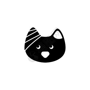 病猫头耳朵上有绷带 兽医 平面矢量图标说明 白色背景上的简单黑色符号 头上有绷带的病猫标志设计模板 用于 web 和移动 UI 图片