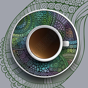 咖啡杯和手画的装饰品打印艺术绘画制品飞碟盘子风格圆圈草图咖啡图片