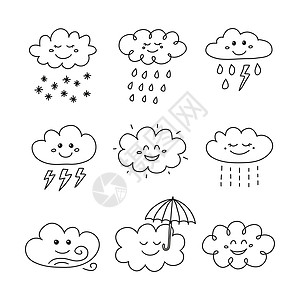 一套涂鸦乌云快乐的图标雪花天气绘画孩子预报情感天空闪电微笑风暴图片