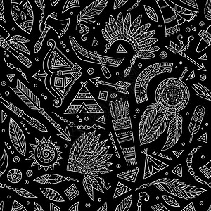 部落抽象的土著黑板无缝模式艺术风格装饰品图腾织物月亮羽毛剪贴簿太阳手工图片
