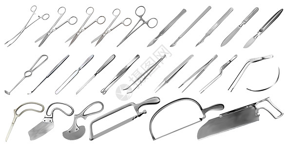 手术器械套装 镊子 手术刀 石膏和骨锯 大脑 截肢和石膏刀 镊子和夹子 钩子 针 手工金属工具的大集合 矢量插图图片