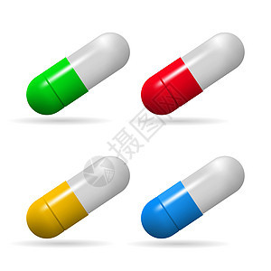 药用胶囊 套在白色背景的不同颜色的胶囊 向量图片