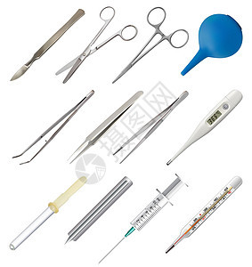 一套医疗手工具 不同类型的镊子 全金属可重复使用手术刀 夹扣 手术剪 玻璃吸管 一次性注射器 采血针 温度计 橡胶灌肠剂 向量图片