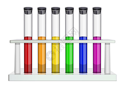 有软木塞和多色液体的玻璃实验室试管 实验室机架中的试管 医学 药剂学 化学 生物学 微生物学专用培养皿 孤立的对象 向量图片