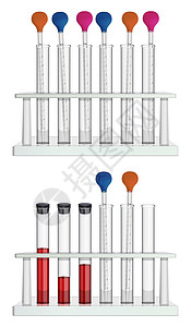 一组带测量实验室移液器的空管和带血样的试管 用塞子封闭 医学 药学 生物学和微生物学专用实验室设备 向量设计图片
