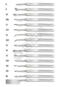 一套手术刀 带有不同形状的可拆卸刀片 手柄编号为 3 的一组刀片 各种形式手术刀的公认编号 向量图片