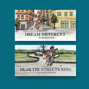 Twitter模板 在街道概念 水彩风格上提供多种音乐的Twitter模板音乐会乐队低音音乐家展示城市艺术家吉他节日小提琴图片