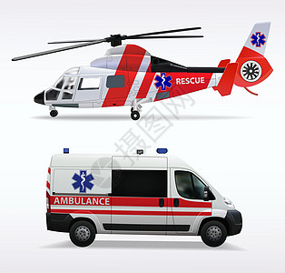 救护直升机和救护车 空中和地面运输 将受伤和生病的人运送到医院 白色背景上的孤立对象 矢量图车辆安全救援旅行航班飞机插图速度直升图片