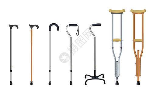 一套手杖和拐杖 伸缩铝制手杖 优雅的木制手杖 带弧形手柄的人体工学手杖 四脚手杖 金属和木制拐杖 医疗援助和康复 孤立的对象 矢图片