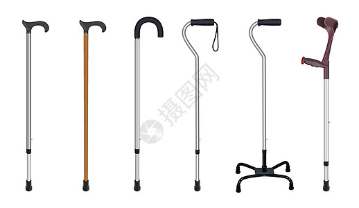 一套手杖和拐杖 伸缩金属手杖 木手杖 带额外支撑的手杖 肘部拐杖 医疗设备 矢量插图图片