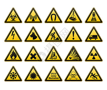 设置警告标记 工作场所的安全性 带有黑色图像的黄色三角形 矢量插图图片