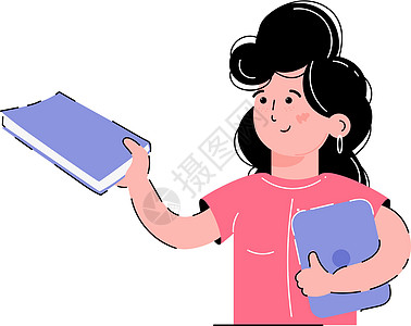 这女孩手里拿着一本书和一台笔记本电脑 学习概念 孤立于白色背景 趋势平坦的矢量风格图片