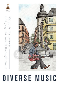 配有不同音乐的海报模板 在街头概念 水彩色风格上传播各种音乐雷鬼帽子传单吉他广告玩家艺术家音乐家低音街道图片