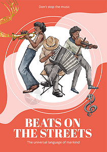 配有不同音乐的海报模板 在街头概念 水彩色风格上传播各种音乐民间节日萨克斯管展示小提琴爵士乐男人钢琴艺术家歌手图片