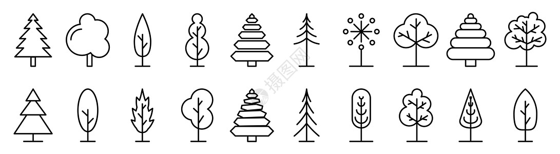 树图标 一系列线性树图标 不同的树条被隔开 矢量图解图片
