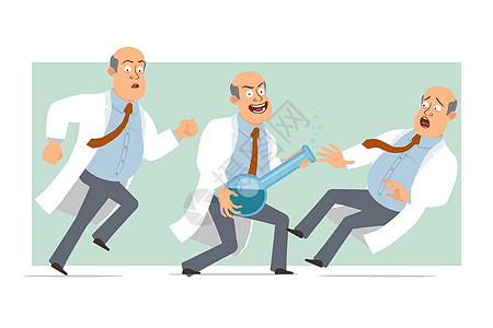 卡通平板滑稽搞笑的胖医生 男子性格气泡烧瓶快乐保健男人诊所卫生帮助领带手势图片