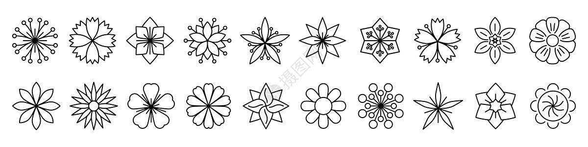 花图标 线性花图标集 矢量图花瓣收藏花园礼物植物群雏菊茉莉花玫瑰洋甘菊插图图片