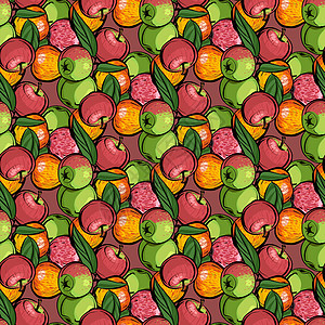 无缝模式 不同品种的苹果 叶子在粉红色的背景上 纹饰繁密 苹果是一个写实的素描图片