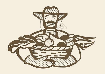 一个强壮的男人拿着一篮子 收割蔬菜 戴帽子的农民 标志是黑白的图片