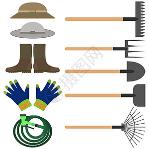 各种园艺和农具 包括手套 水龙头 蟑螂和铲子 矢量插图图片