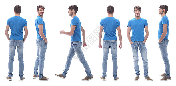 穿牛仔裤的现代年轻人衣柜白色广告空白青年工作室棉布蓝色纺织品男性背景图片