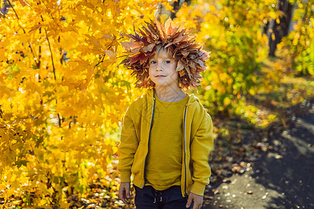 在阳光明媚的秋天公园的头部背景上 有着叶子花圈的小微笑孩子的肖像图片