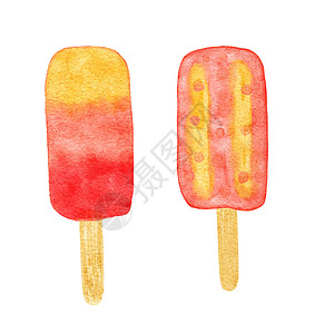 水彩手画了两个红金黄色的果子冰淇淋圆冰棒 夏季霜冻小吃点心 甜食美味 明亮的海滩概念图片
