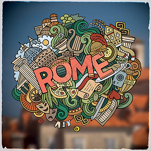 罗马手写字母和涂鸦元素和符号徽章假期面具体育馆设计教廷房子城市旅游标识插图图片