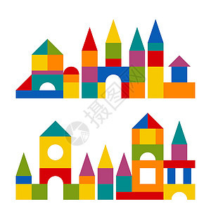 建筑塔 城堡 房子的多彩区块玩具童年孩子命令正方形乐趣建筑学塑料女孩木头玩物图片