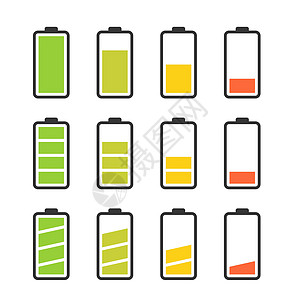 配有多彩充电级别指标的电池图标集力量燃料插图累加器技术电压充电器收费界面黑色图片