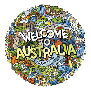 地图设计卡通可爱的面条手画着 欢迎来到澳洲考拉假期小袋鼠元素袋鼠旅行文化卡通片旅游蟋蟀插画