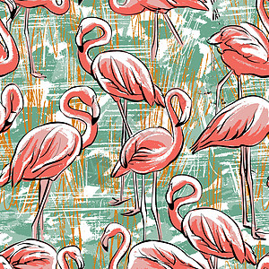 无缝模式 湖里的粉红火烈鸟 绿色背景 手工涂料 时尚风格 矢量图片
