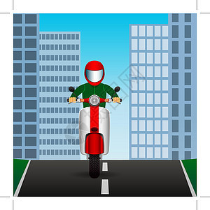 在城市中部的一条沥青路上骑摩托 矢量图像男人运输插图摩托车中心送货头盔波峰男生帽子图片