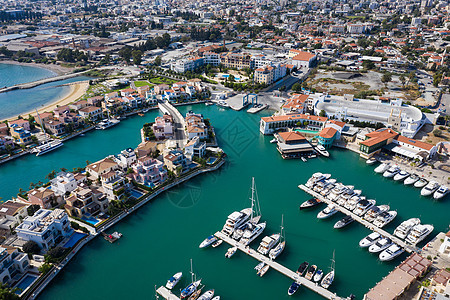 利马索尔新码头的空中视图海岸天际场景旅行地平线港口建筑城市游艇蓝色图片