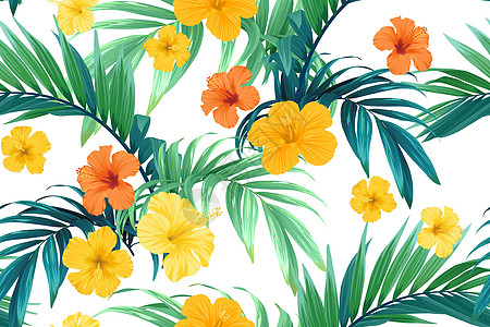 无缝手牵引热带矢量模式 有明亮的象豆花和异国棕榈叶海滩墙纸打印植物花朵艺术森林丛林衬衫织物图片