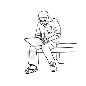 商务人士用戴眼镜的笔记本电脑插图画手在白色背景上被隔绝地抽拔的矢量双手图片