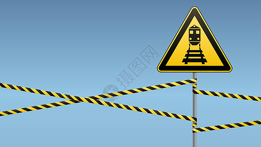 危险警告标志安全 请注意火车 黄色三角形和黑色图像 在柱子上签名并保护丝带 矢量图像旅行风险警报穿越栅栏横幅窗扇机车注意力铁路图片
