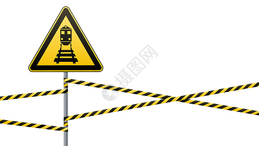 危险警告标志安全 请注意火车 黄色三角形和黑色图像 在柱子上签名并保护丝带 矢量图像风险铁路冒险注意力横幅信号枕木栅栏磁带机车图片