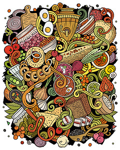 俄罗斯食品手工绘制的俄罗斯食物图示矢量涂鸦图谷物手绘熏肉产品作品餐厅水饺卡通片面包元素图片