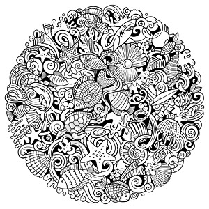 水下世界插图Doodle草图海藻潜水海浪水族馆呼吸管涂鸦乐趣植物群卡通片图片