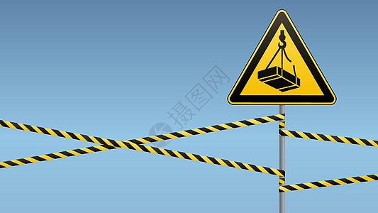 危险可能从负荷高度下降 安全标志 在金属杆上带有警示带的三角标记 光背景 矢量插图和电路三角形螃蟹演出击剑海报天空电缆预防丝带建图片