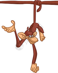 有趣的卡通猴子黑猩猩在向下挂起的矢量插图猩猩贴纸卡片丛林大猩猩香蕉欢呼尾巴快乐艺术图片