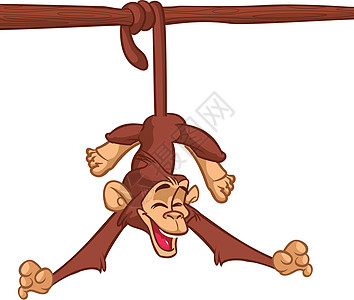 有趣的卡通猴子黑猩猩在向下挂起的矢量插图微笑卡片漫画大猩猩热带快乐贴纸绘画尾巴猩猩图片